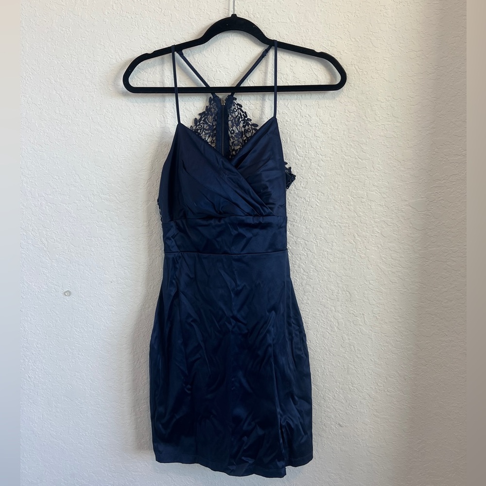 City Studio Navy Backless Dress with Lace